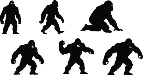 Gorilla silhouette illustration, muscular ape poses, wildlife animal art, strong primate figure, black shadow design, jungle creature concept, vector graphic set