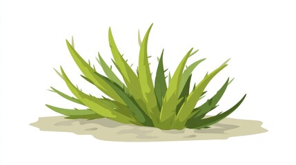 Obraz premium A vibrant green succulent plant, possibly aloe vera or agave, with spiky leaves growing in a clump on sandy soil against a white background.