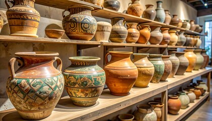 Display of handcrafted pottery on wooden shelves