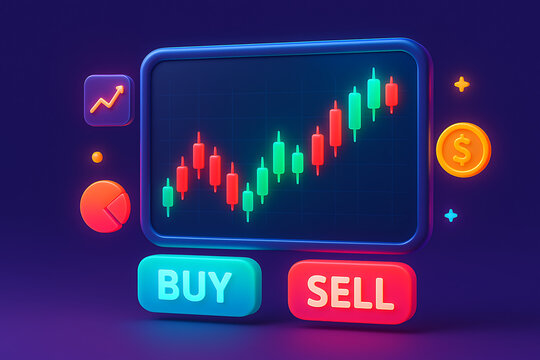 A vibrant 3D rendering of a stock market or cryptocurrency trading platform with a candlestick chart, buy and sell buttons, and floating financial icons for modern finance and investment concepts