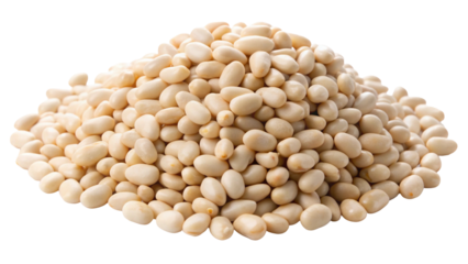 A generous mound of small pale white dried beans piled high on a transparent background isolated on transparent background