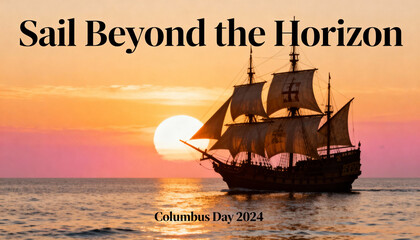 A sailing ship silhouetted against a vibrant sunset on the ocean for columbus day celebration