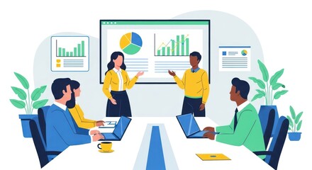 Business Team Analyzing Data and Collaborating in a Modern Office Meeting, Featuring a Presentation with Charts and Graphs