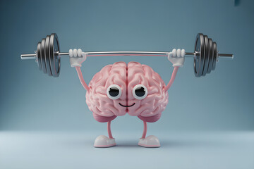 a digital illustration of a brain with a weightlifting barbell, smiling face, fitness concept, 3d render,