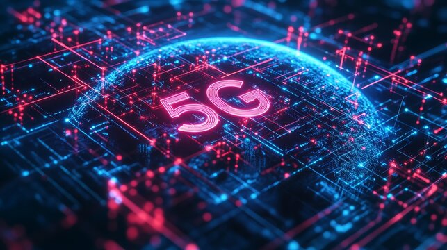 Digital cyberspace globe with glowing 5G symbol, futuristic network technology, global high speed communication and data transfer concept in neon pink and blue glowing holographic virtual design