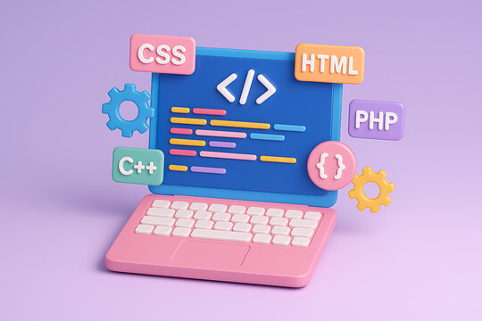 A 3D rendering of a laptop showing programming code on its screen surrounded by floating icons of popular programming languages and concepts like CSS, HTML, C, and PHP - Powered by Adobe