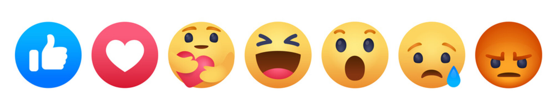 Set of Facebook Smiles and Empathetic Emoji Reactions, isolated on transparent background, social media reactions concept. High image resolution
