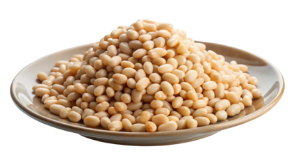 A rustic bowl overflowing with a generous pile of dried white beans isolated on transparent background