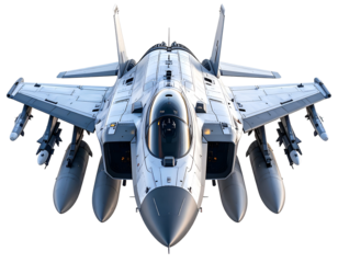 A detailed view of a modern military aircraft showcasing its sleek design and advanced weaponry systems.
