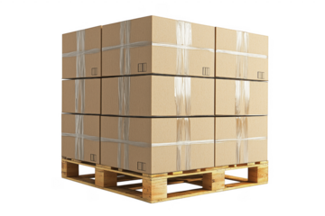 Stack of cardboard boxes secured with tape on wooden pallet in shipping and delivery