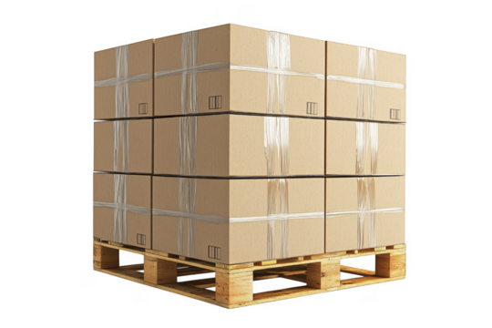 Stack of cardboard boxes secured with tape on wooden pallet in shipping and delivery