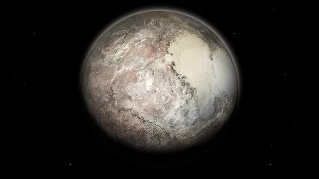A cinematic 3D rendering of a looping animation of the dwarf planet Pluto, made of rock and ice composed of frozen methane and nitrogen, rotating on its axis against a backdrop of space and stars