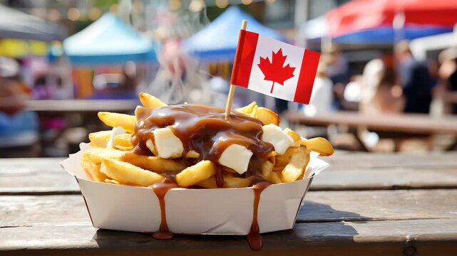 Steaming Canadian poutine with golden fries, cheese curds and rich brown gravy in paper tray, subtle steam rising and cinematic camera motion creating dynamic authentic food stock footage