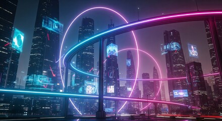 Futuristic Cityscape with Neon Lighted Structures against Dark Sky at Night for Urban Innovation