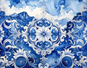 Mountain landscape, ornate pattern, blue and white
