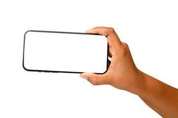 A hand holding a smartphone horizontally with a blank white screen, isolated on a plain background, suitable for landscape app mockups or video display presentations.