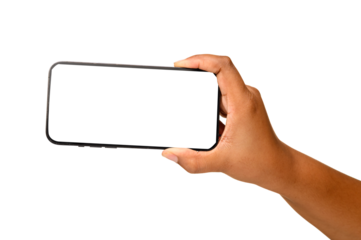 A hand holding a smartphone horizontally with a blank white screen, isolated on a plain background, suitable for landscape app mockups or video display presentations.