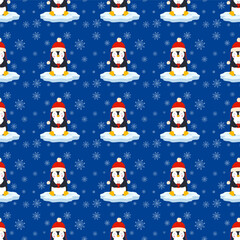 Seamless pattern cute winter penguins sitting on piece of ice on blue background with snowflakes vector illustration. Print, perfect for branding, packaging, and Christmas products