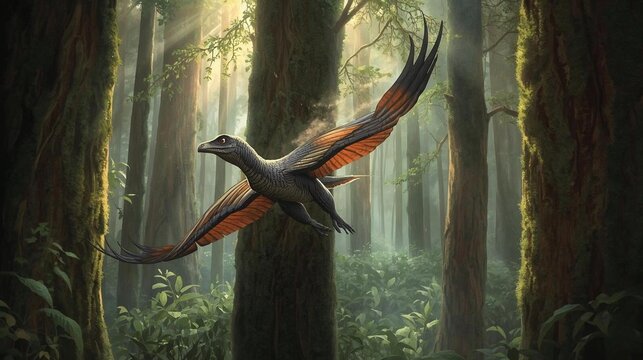 Microraptor Gliding Through Dense Prehistoric Forest &ndash; AI Generated Art