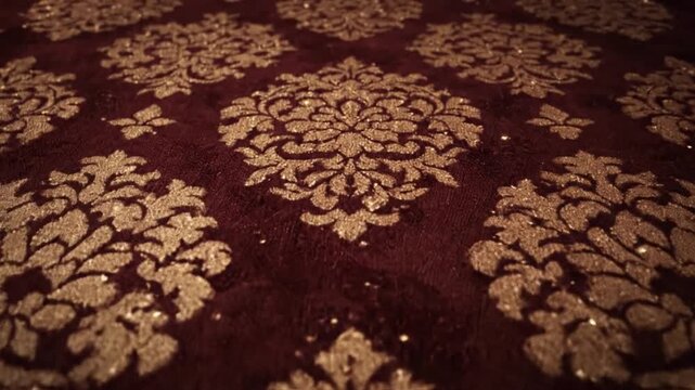 Close-up of a red carpet with a gold floral pattern, creating a luxurious and ornate design.