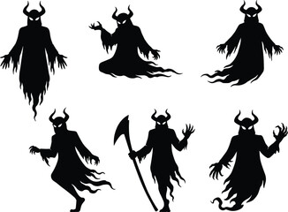 Dark demonic ghost silhouettes with horns, glowing eyes, tattered robes, fantasy horror spirits, supernatural evil creatures, eerie haunted nightmare scene