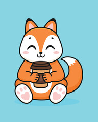 Cute cartoon fox with a cup of coffee. Isolated background. Vector illustration.