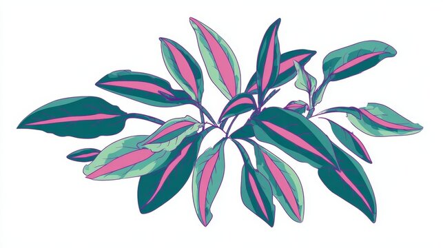 Fototapeta Watercolor illustration of a calathea ornata plant with green and pink striped leaves.