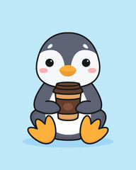 Cute cartoon penguin with a cup of coffee. Isolated background. Vector illustration.