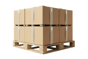 Stacked cardboard boxes secured with tape on a wooden pallet for shipping and delivery