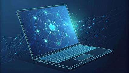 Futuristic laptop screen glowing with a complex digital network and data streams emanating outwards