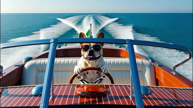 A cool french bulldog wearing sunglasses steers a classic wooden speedboat on a sunny day, enjoying a fun ride on the sea with a happy and adventurous expression ai generated vedio