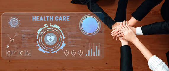 A united team presents a collaborative approach to health care strategy, featuring a digital interface that emphasizes data visualization and patient care enhancements. Trope
