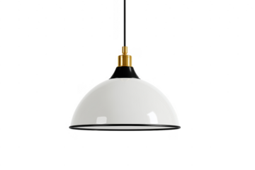 Stylish modern pendant light with white dome and gold details suspended against transparent background