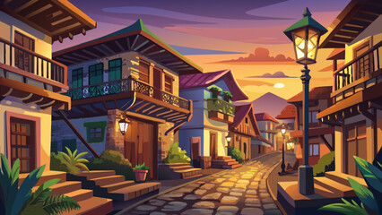 Fototapeta premium Historic City of Vigan, Philippines, preserves cobblestone streets, Spanish colonial houses, and rustic lamps glowing softly at dusk in a blend of Asian and European styles.