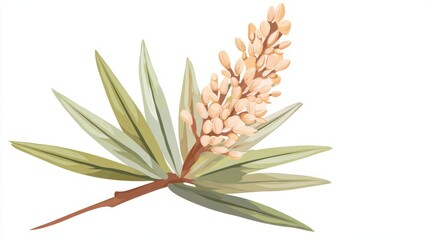 Obraz premium A watercolor illustration of a flowering plant sprig with pale blossoms and long green leaves.