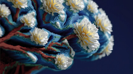 Pixelated tree with white blossoms