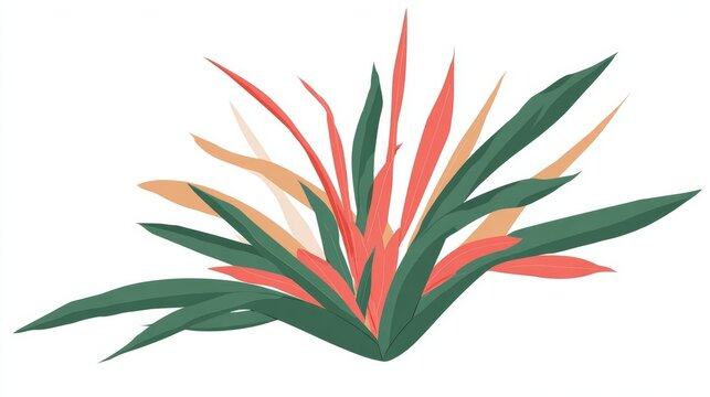 Stylized illustration of a tropical plant with vibrant green, orange, and red foliage, resembling an ornamental flora.