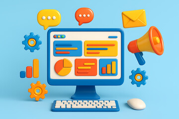 A colorful 3d illustration of a desktop computer with various data graphs and icons, representing digital marketing, data analysis, and online business strategy