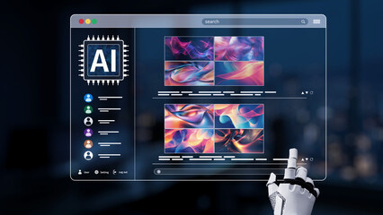 A futuristic user interface showcases AI-generated abstract artworks, featuring a robotic hand...