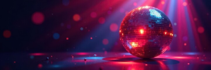 Obraz premium Shimmering disco ball reflecting vibrant light beams on dark background, beam, club, chrome