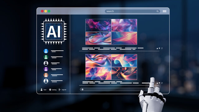 A futuristic user interface showcases AI-generated abstract artworks, featuring a robotic hand interacting with vibrant colors in a modern urban setting at night. Synapse