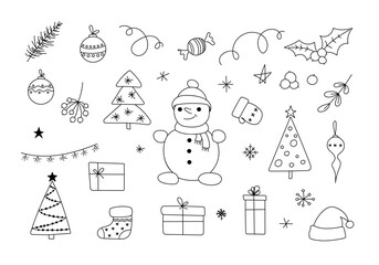 A set of Christmas elements, isolated on a white background, vector illustration with a line. A collection of New Year decorative holiday symbols for decoration, design, postcards, labels, hand-drawn
