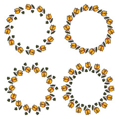 Yellow and green tulips in the shape of a wreath, a simple wreath with leaves, and branches for decoration. Elements of holiday invitation decoration.