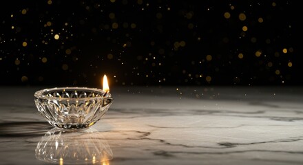 Traditional diya lamp glowing on black Diwali banner - luxury festival background with deep contrast