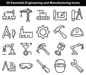 20 Essential Engineering and Manufacturing Icons in Outline Style