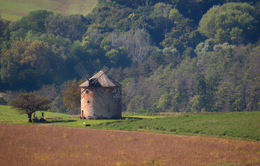 Windmill, monument, grain, mill, flour, fields, sun, trees, nature, landscape, house, landscape, field, farm, nature, sky, building, grass, old, architecture, rural, village, country, mountain, green,