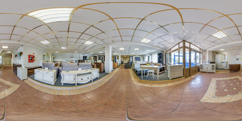  Full spherical seamless hdri panorama 360 degrees view in interior of huge modern hall of furniture trade center mall in equirectangular projection, AR VR content © hiv360