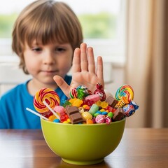 little boy no eating candy. stop