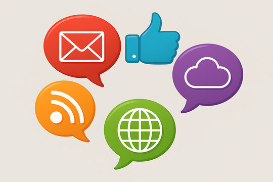 A group of communication icons in speech bubble shapes including a thumb up like button email cloud rss feed and globe 3d illustration