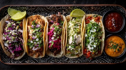 A colorful array of assorted tacos, garnished with vibrant toppings and sauces, served on a decorative platter for an authentic Mexican meal experience.